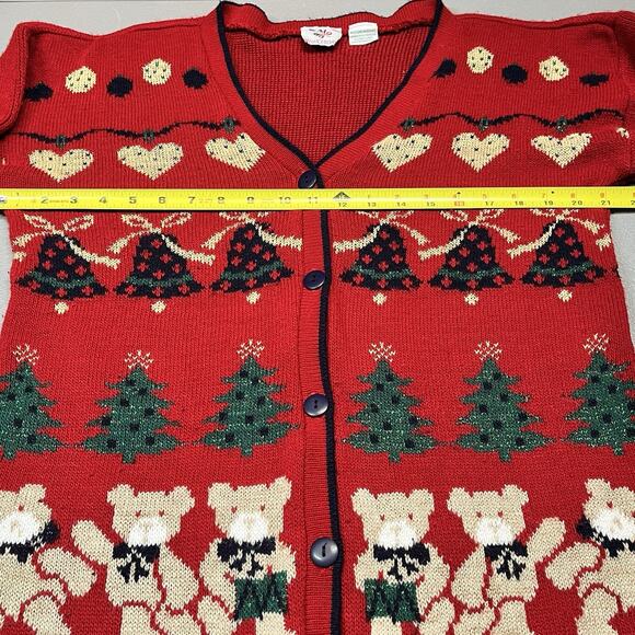 Vtg Nutcracker Ugly Christmas Sweater Cardigan Teddy Bears Hearts Bells Medium - Picture 6 of 8